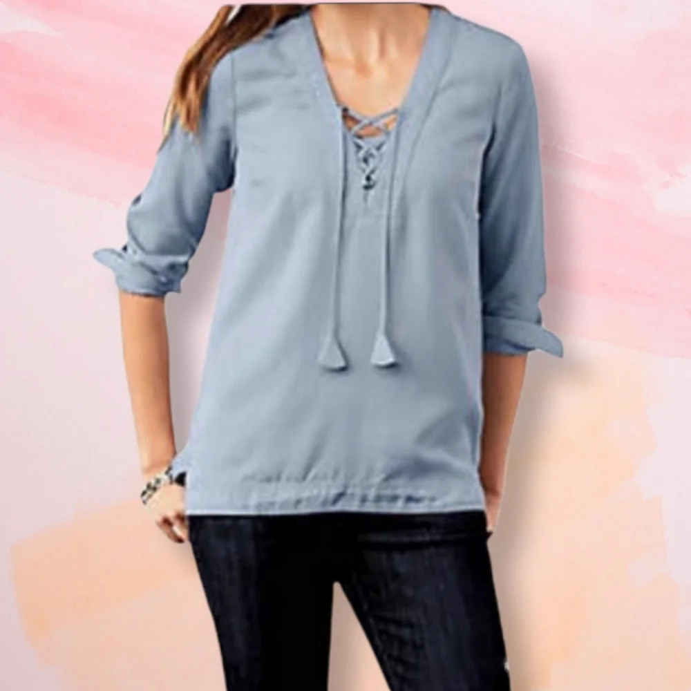 J. Jill Blue Long Sleeve Lace Up Chambray Blouse - Picture 1 of 12